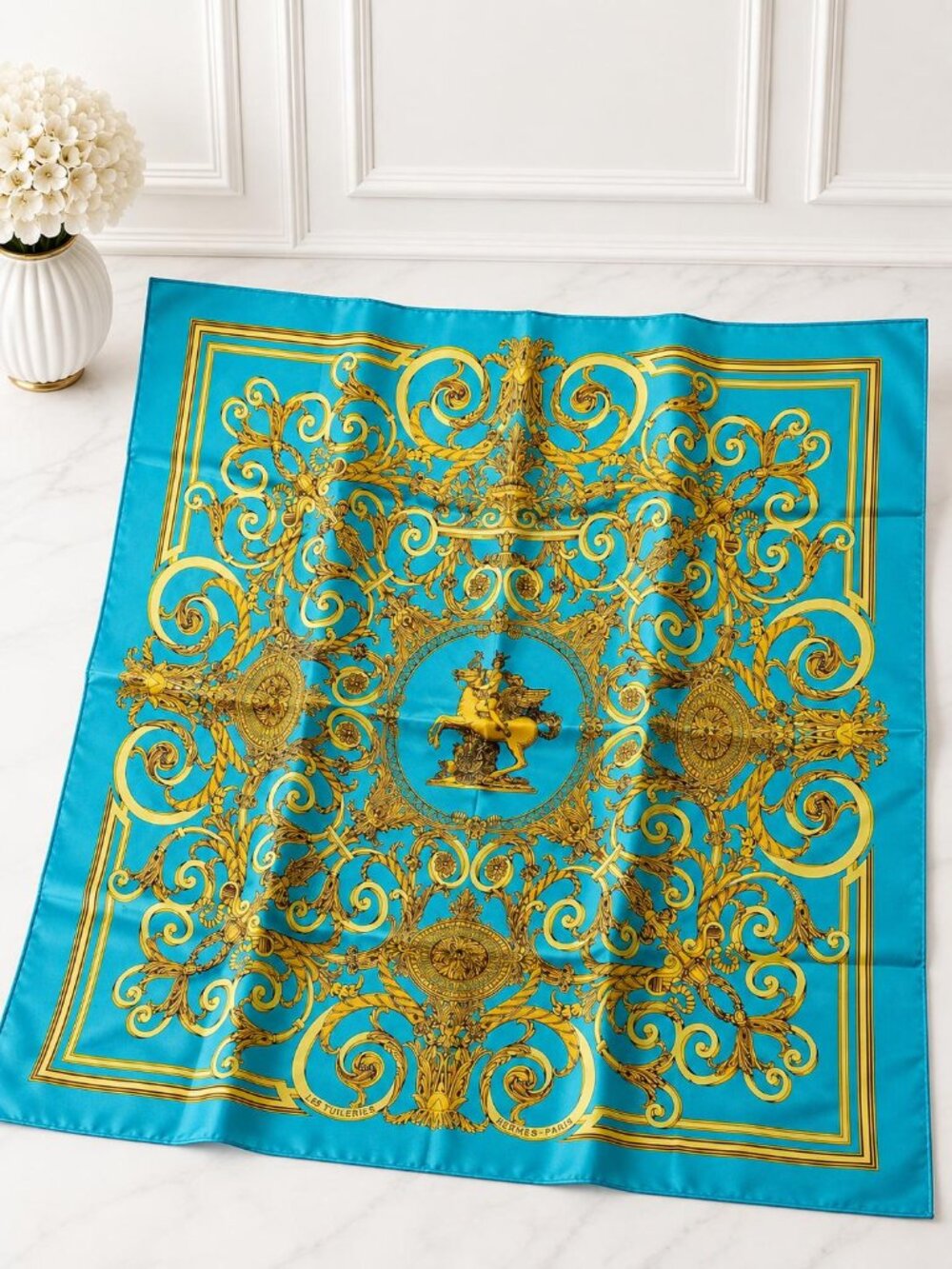 Authentic Hermès Les Tuileries Carré 90 Silk Scarf Blue Gold